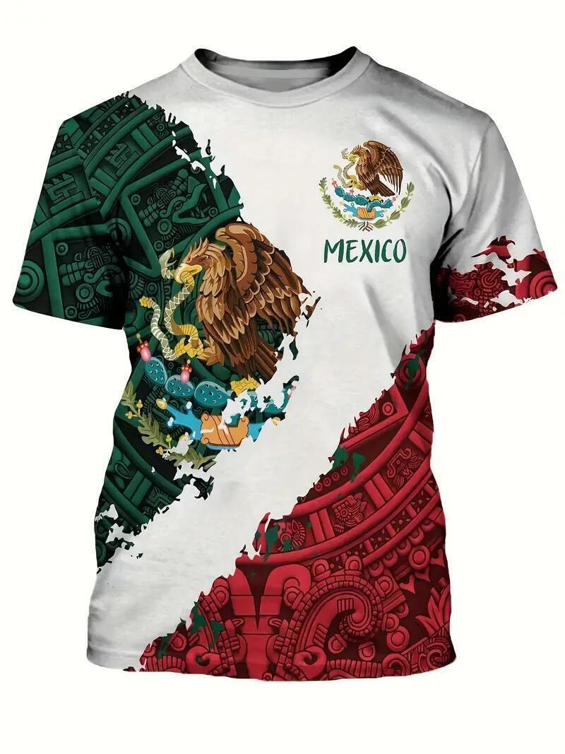 Camiseta Méxicano Azteca Águila Novedad Rojo Verde Manga Corta Camisetas Hombres