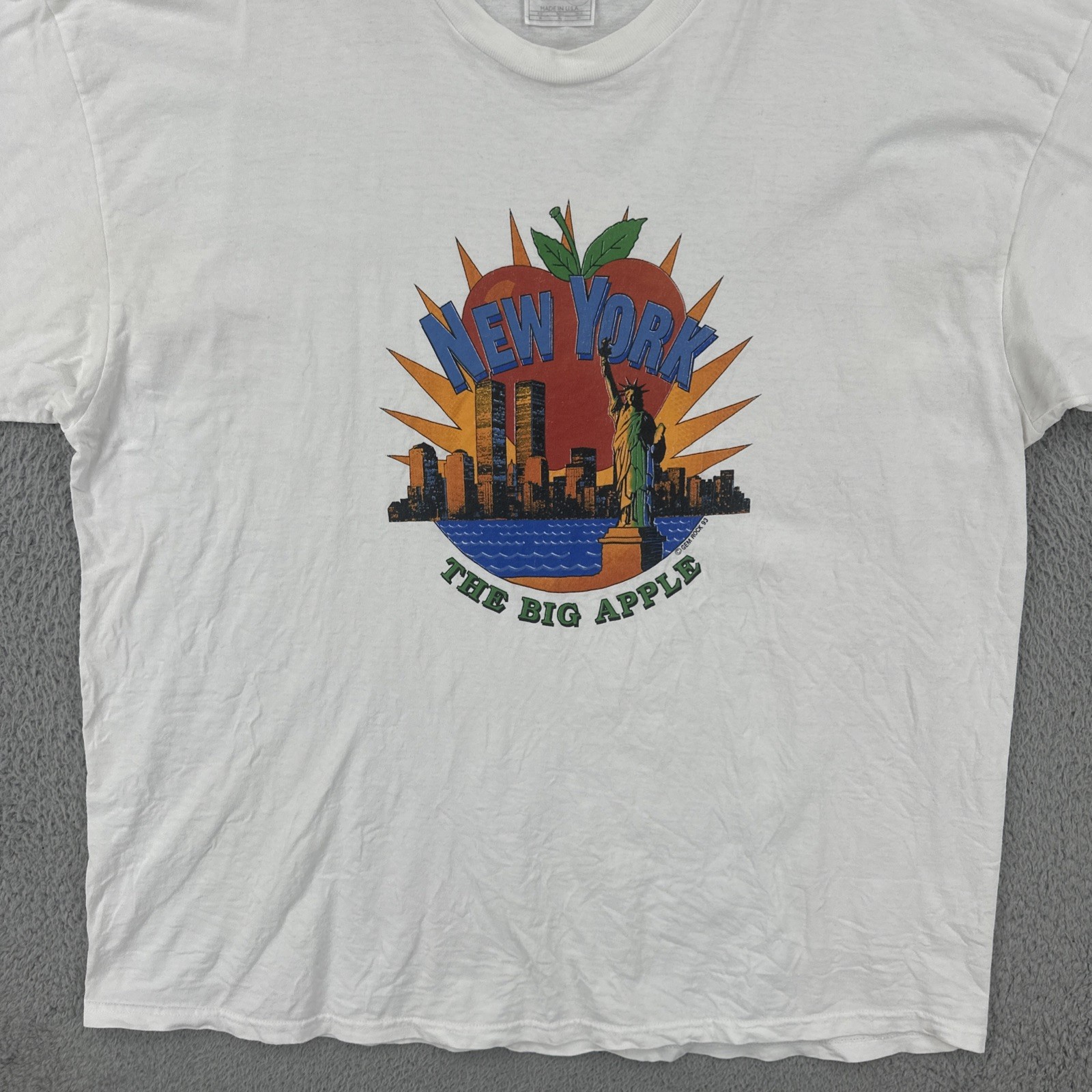 Vintage Gem Rock 1993 White XL T Shirt Made In USA New York The Big Apple 90s