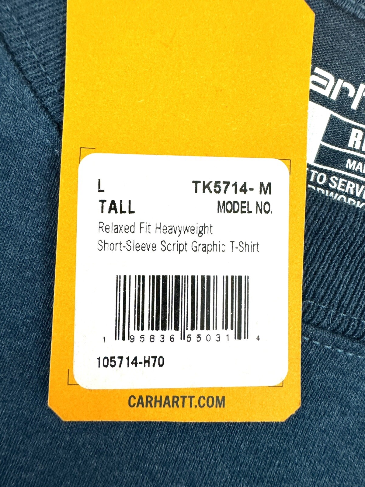 Carhartt Men’s Tshirt Short Sleeve Navy Heather Gold Script Logo Size Large Tall