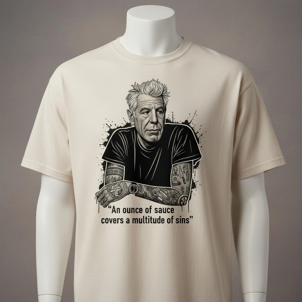 Anthony Bourdain T-Shirt – Sauce Covers Sins Quote Tee – Culinary Kitchen Chef