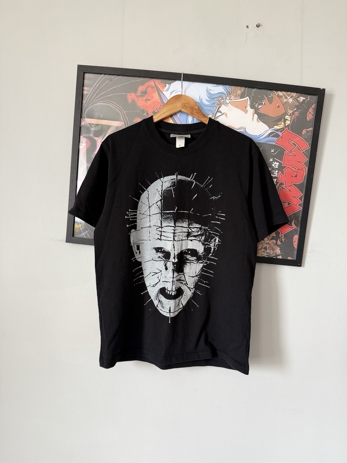 VTG Clive Barker Hellraiser Black Pin Head Big Face Horror Movie T Shirt Y2K