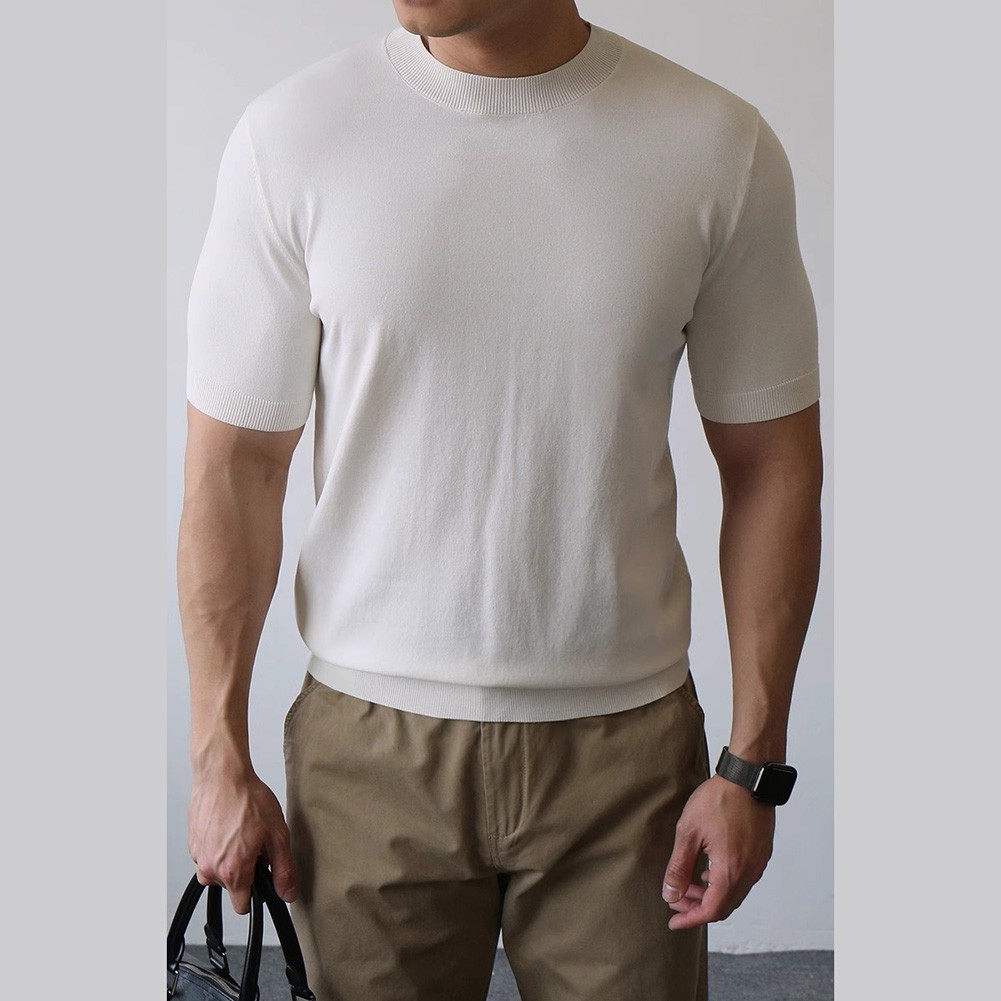 Mens Knitted Half-High Collar Short Sleeve T-Shirt Casual Slim Knit Pullover Top