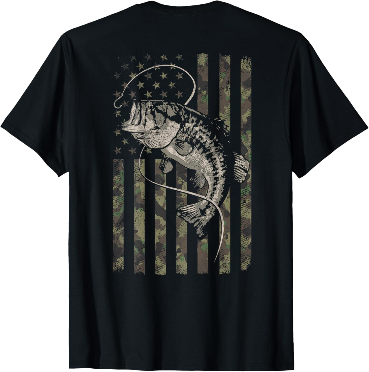 Fishing Camo American Flag Bass Fish (Design on Back) T Shirt