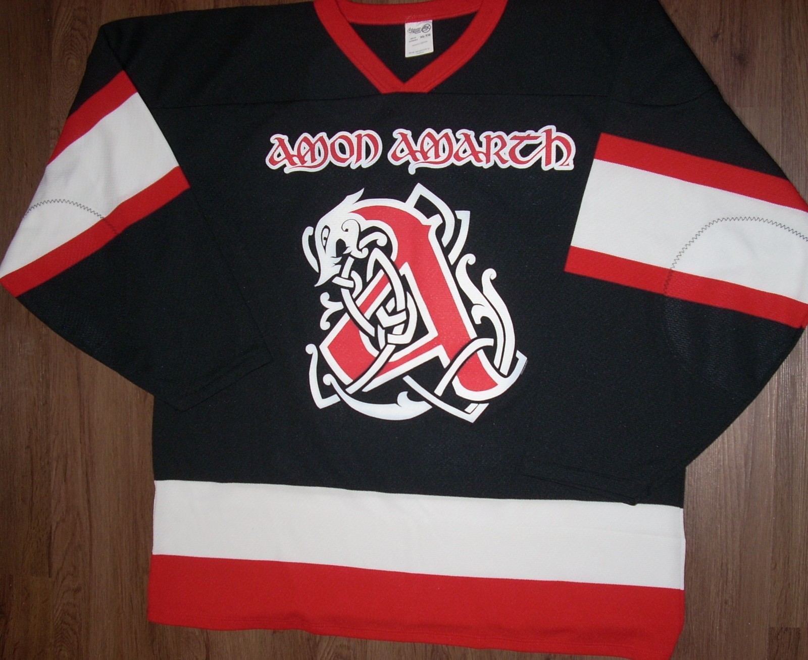 Amon Amarth Viking 11 – X-LARGE Band Logo Hockey Jersey – Canada Red White Black