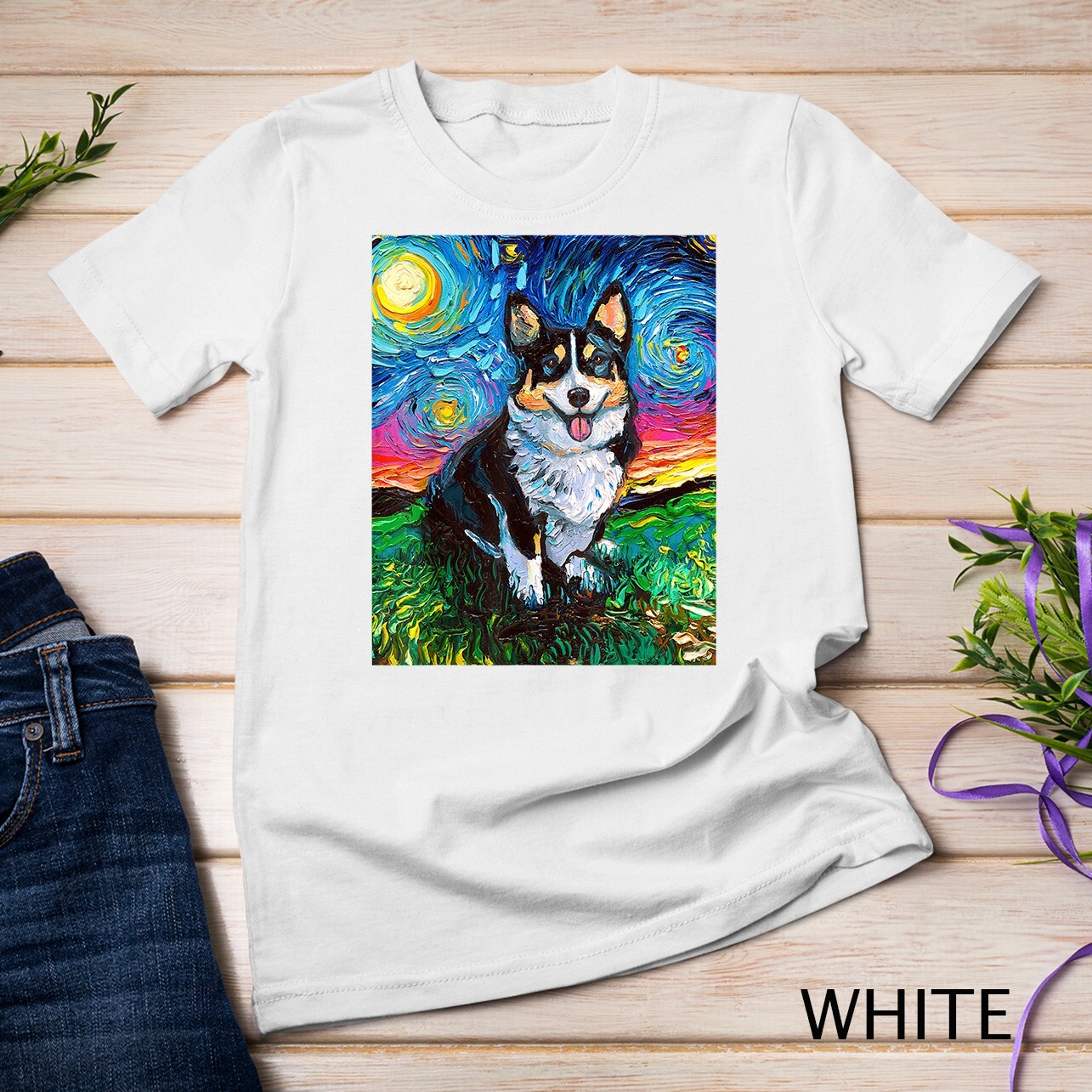Tri Color Pembroke Welsh Corgi Starry Night Dog Art Unisex T-shirt