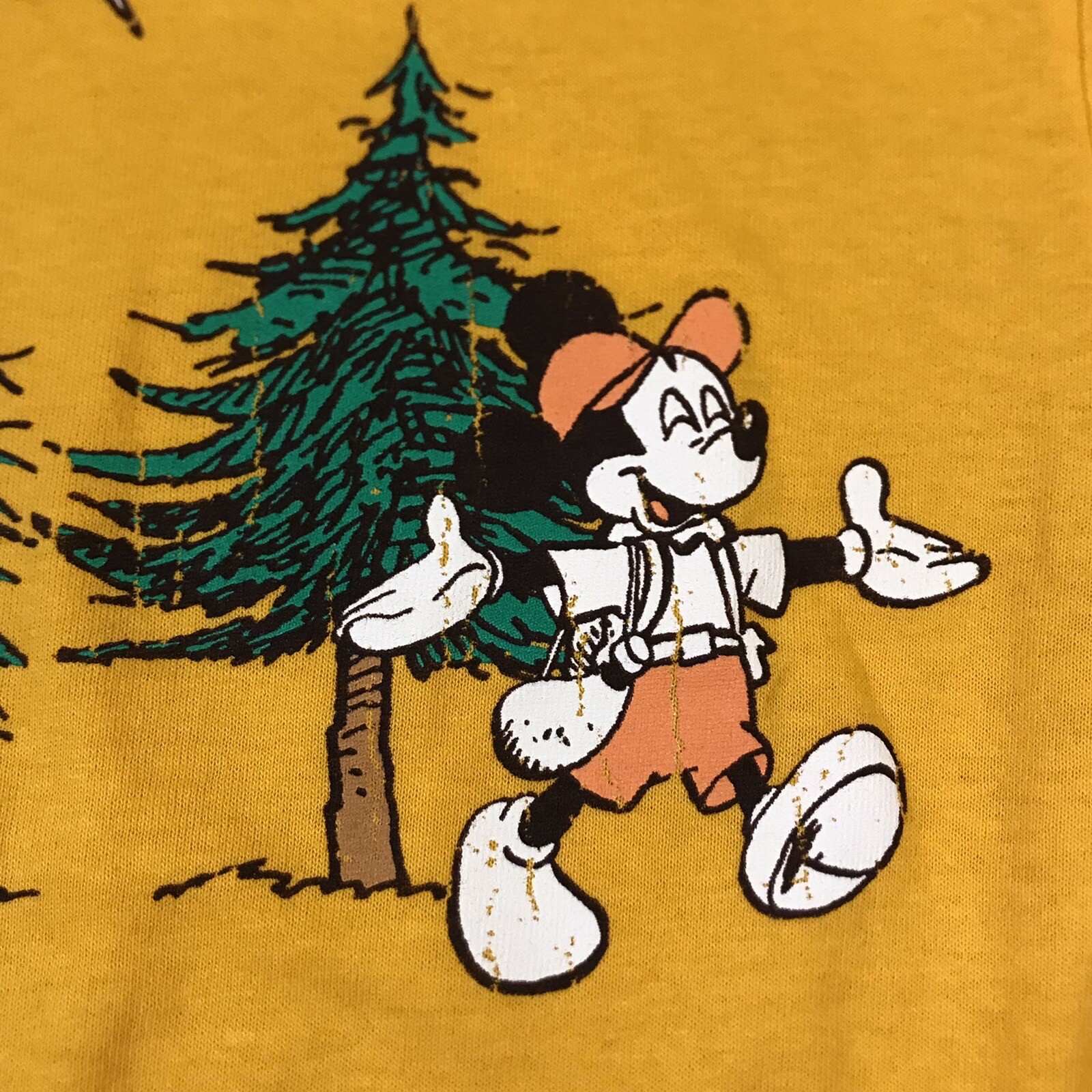 DISNEY Mickey Mouse Forest Hiker Camper Men’s Small Yellow T-Shirt, NWT