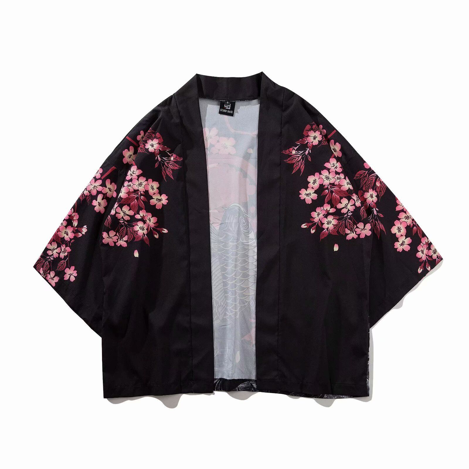 Niepce Streetwear Japanese Black Kimono Graphic Tee Fish Short Sleeves Shirt