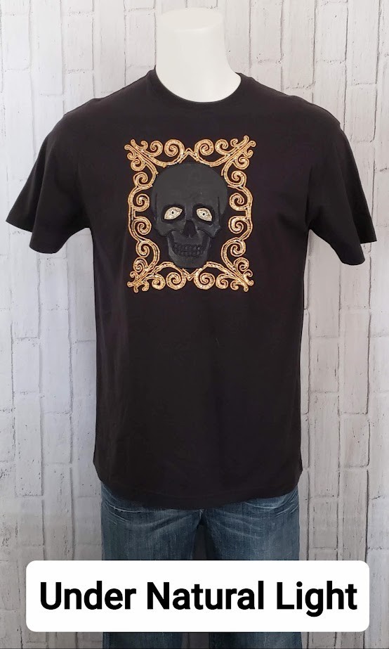 VTG 1990s 90s Y2K Edward Dada Black Leather Applique Skull Embellished Tee Shirt