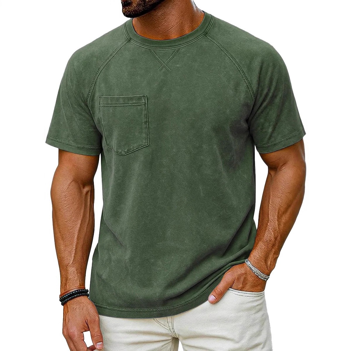 Men’s Vintage Washed Raglan Short Sleeve T-Shirt, Pocket Crew Neck Casual Tee