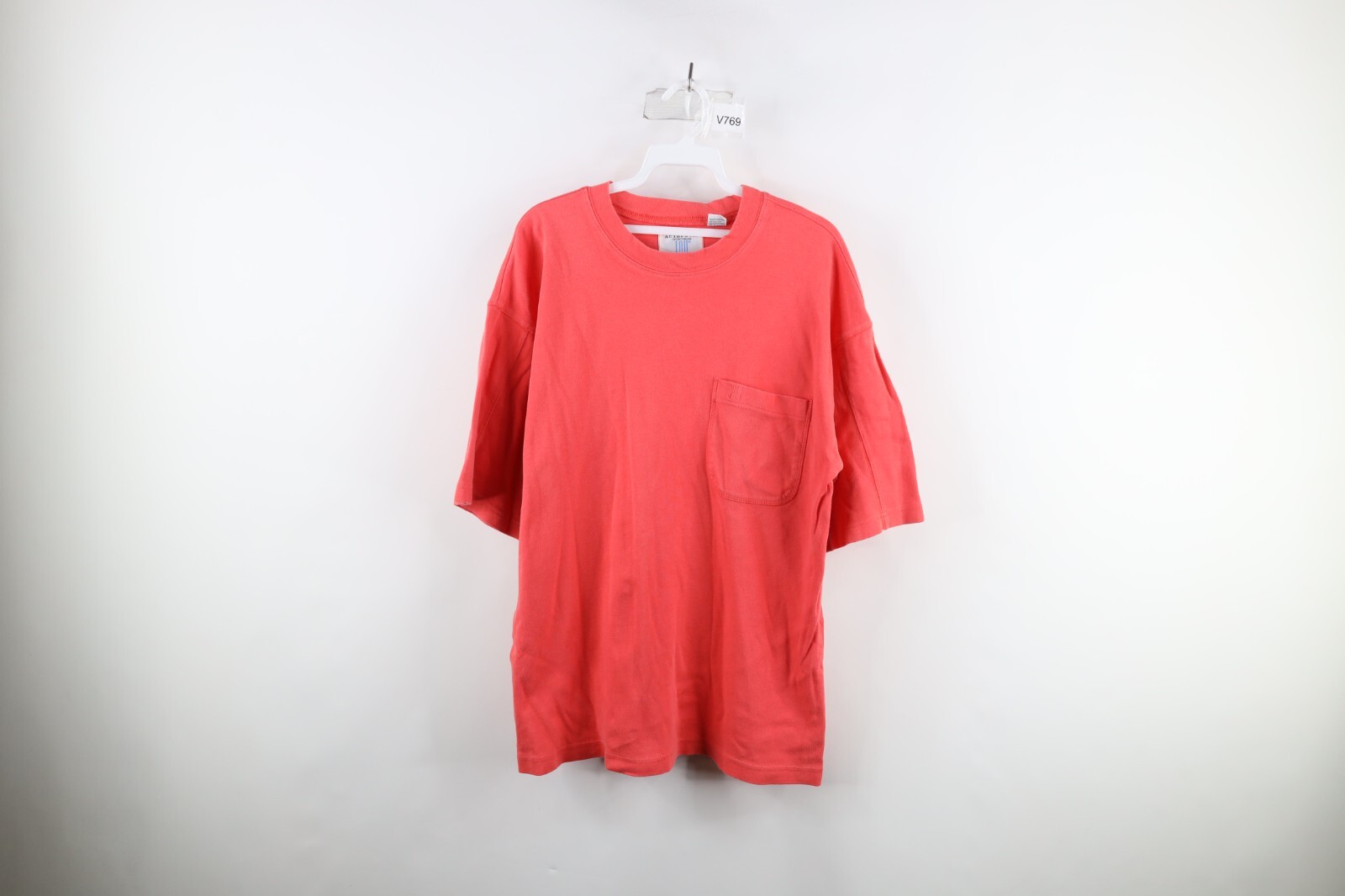 Vintage 90s IOU Mens Medium Blank Baggy Fit Short Sleeve Pocket T-Shirt Salmon