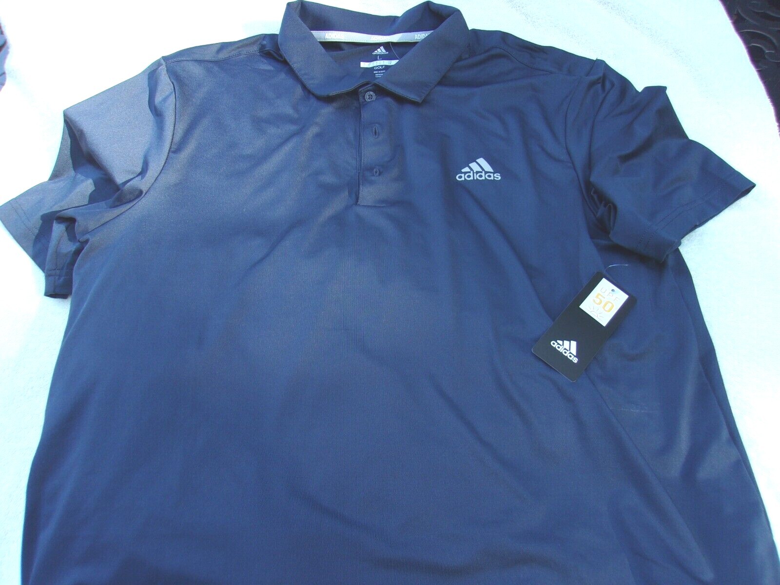 NWT Adidas polo, men’s L, navy blue, polyester, pointed collar, $65