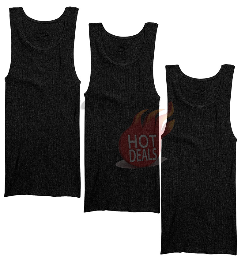3 Pack Men’s Black 100% Cotton Tank Top A-Shirt Ribbed Undershirt Size:S-2XL