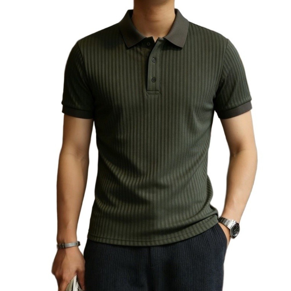 Short Sleeve Ribbed Knit Button Up Shirt for Men Lapel Collar Summer Ready