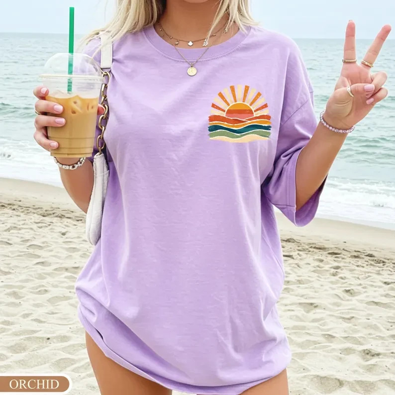 Retro Sun Waves Pocket Print Shirt Vintage Coastal Aesthetic Boho Tee