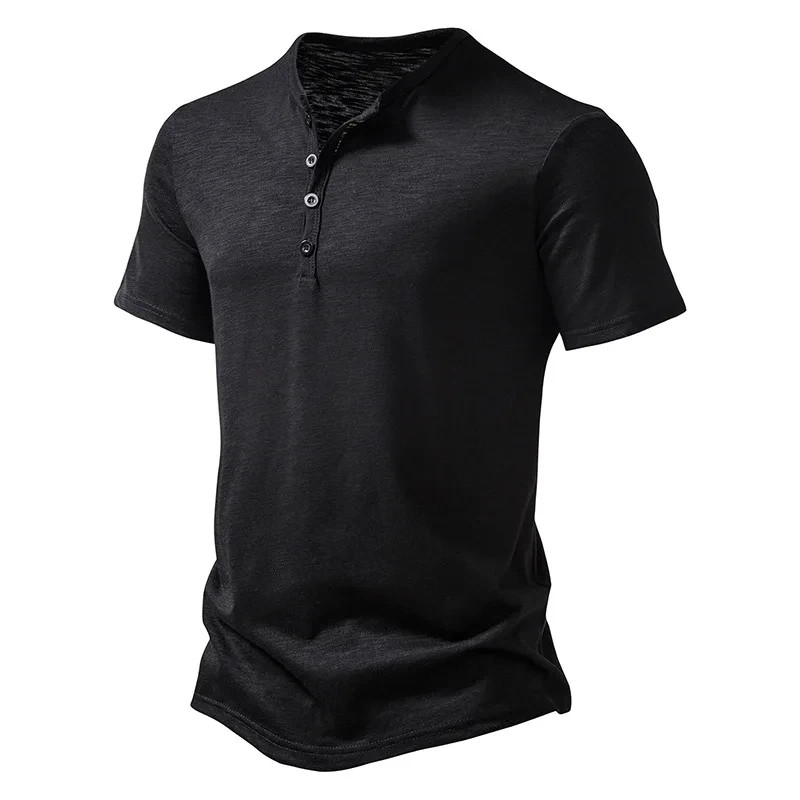 Henley Collar Summer Men Casual Solid Color Short Sleeve T Shirt for Men