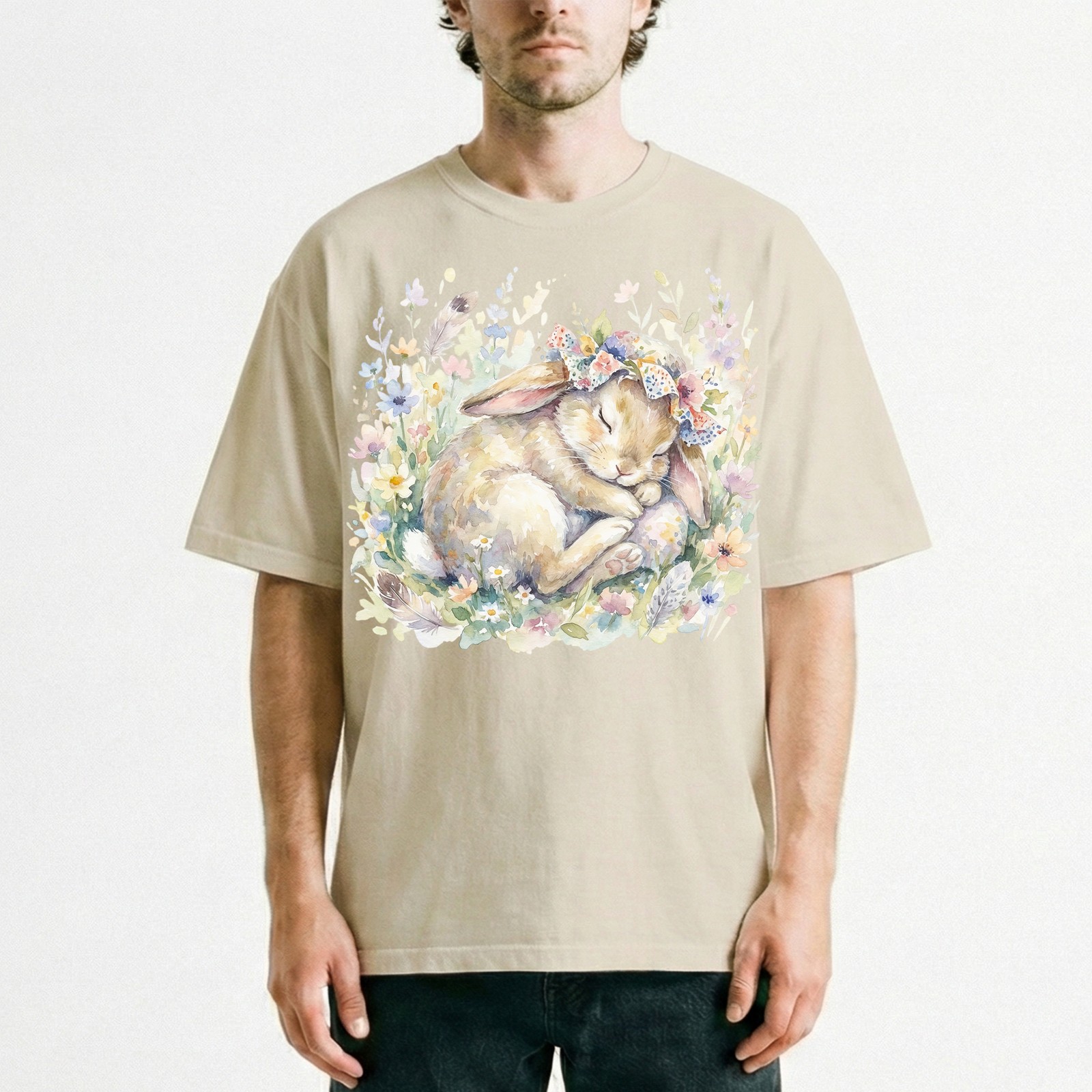 Cute Easter Bunny Floral Watercolor Spring T-Shirt Animal Pastel Holiday Tee