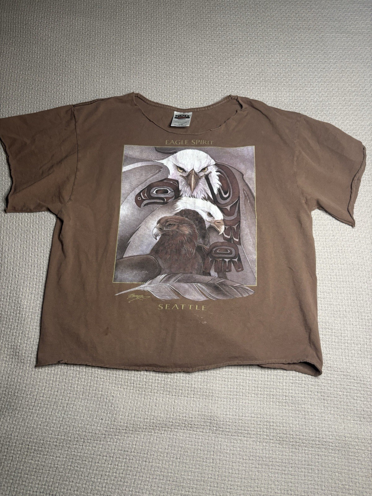Vintage Tultex T-Shirt Mens L cropped Crewneck Graphic Eagle Spirit Brown