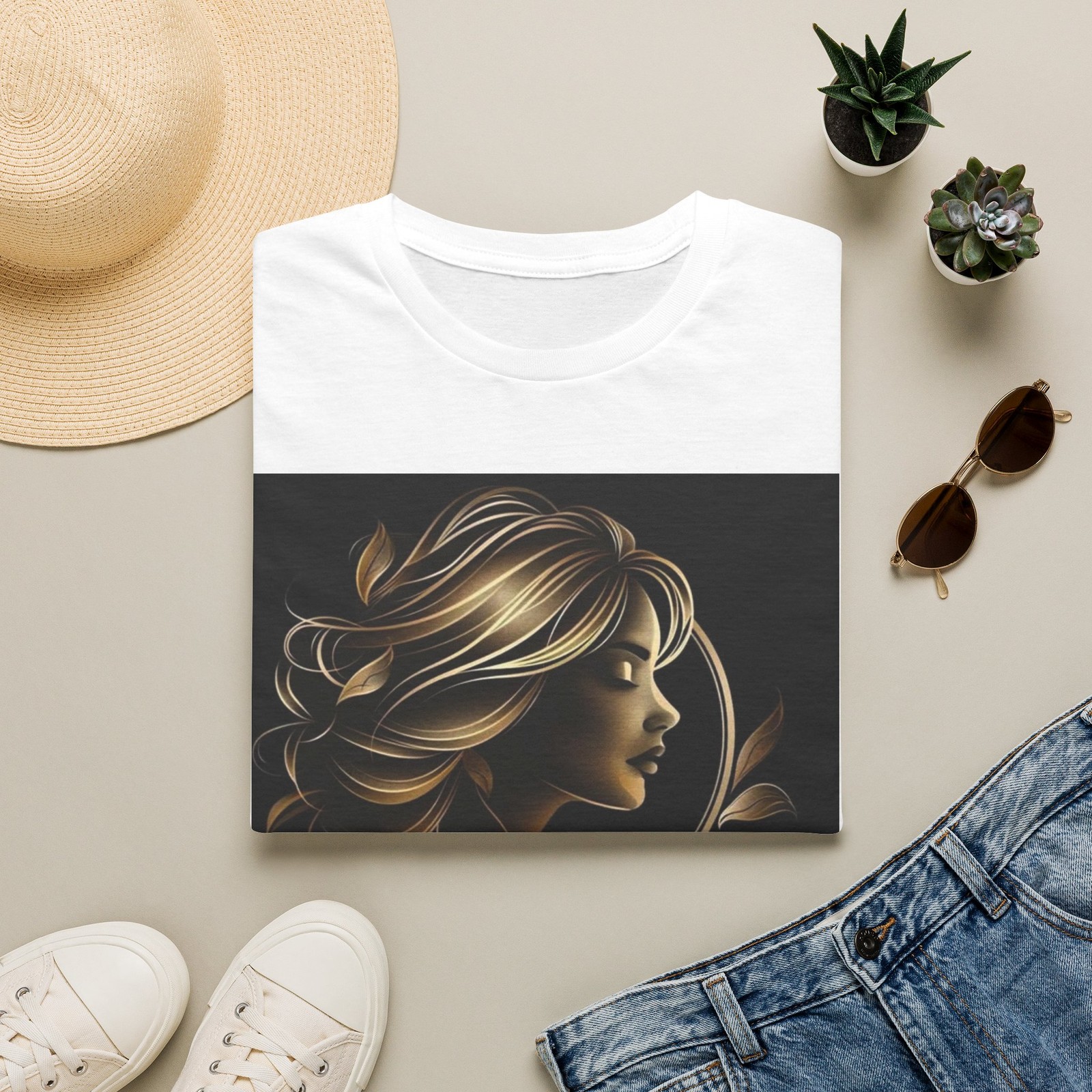 Golden Profile Woman Illustration T-Shirt | Artistic Portrait