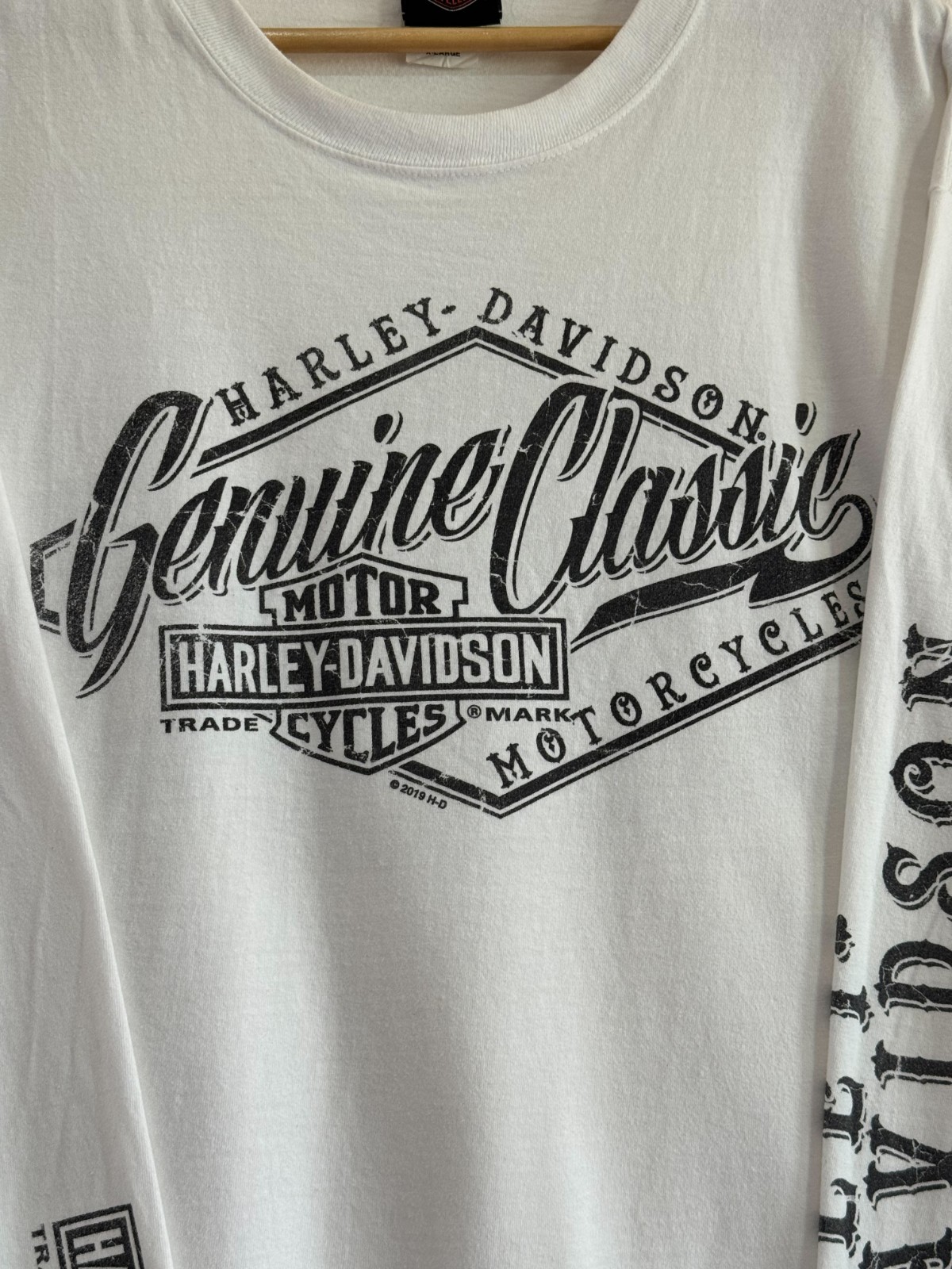 Harley Davidson Oakland CA Long Sleeve Shirt Mens XL White Spell Out Sleeve Bike