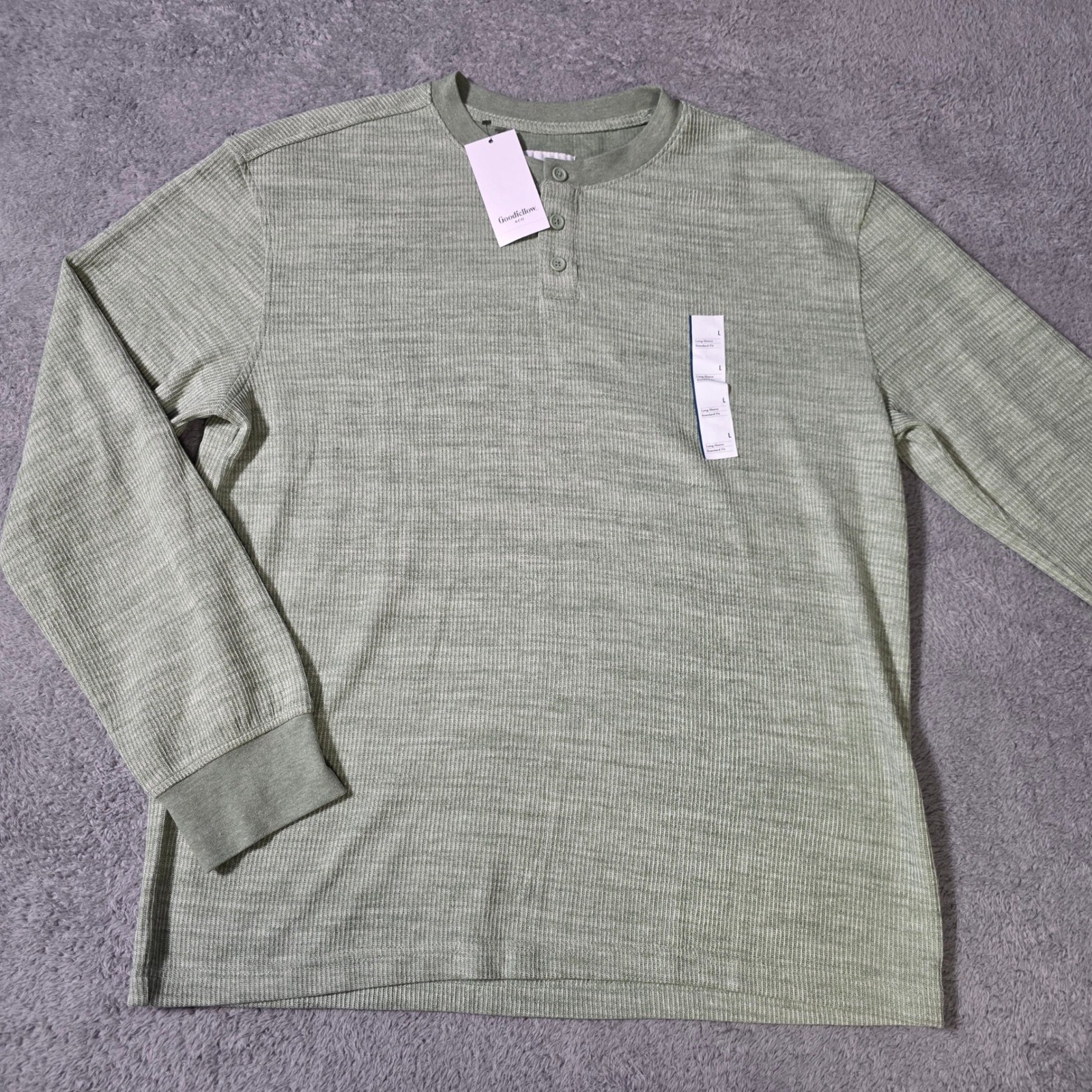 Goodfellow Mens L Henley Shirt Sage Green Long Slv Waffle Textured Cotton Blend