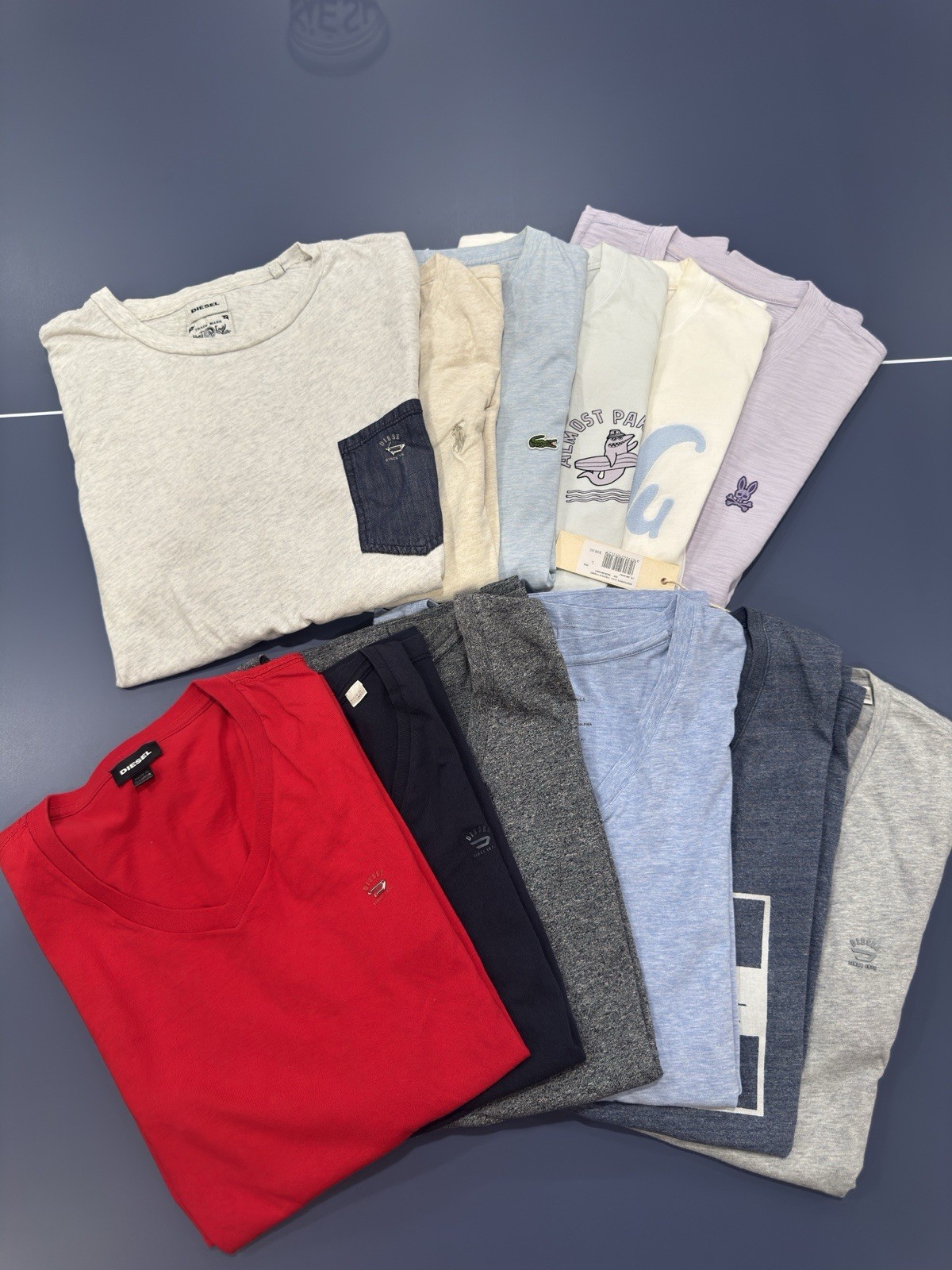 PRE-OWNED LOT OF 12 DESIGNER DIESEL ARMANI LACOSTE FCUK POLO – ALL HAVE DAMAGE