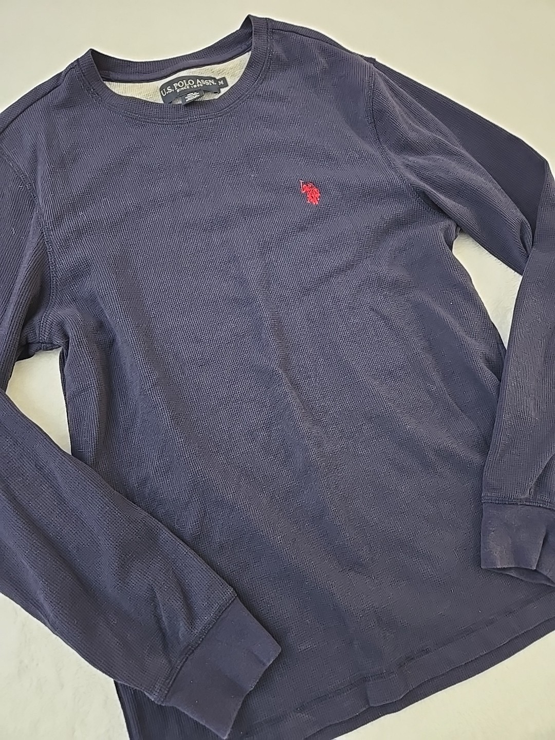 US Polo Assn Thermal Waffle Knit Shirt Mens Sz Medium Navy Blue Red Pony Preppy