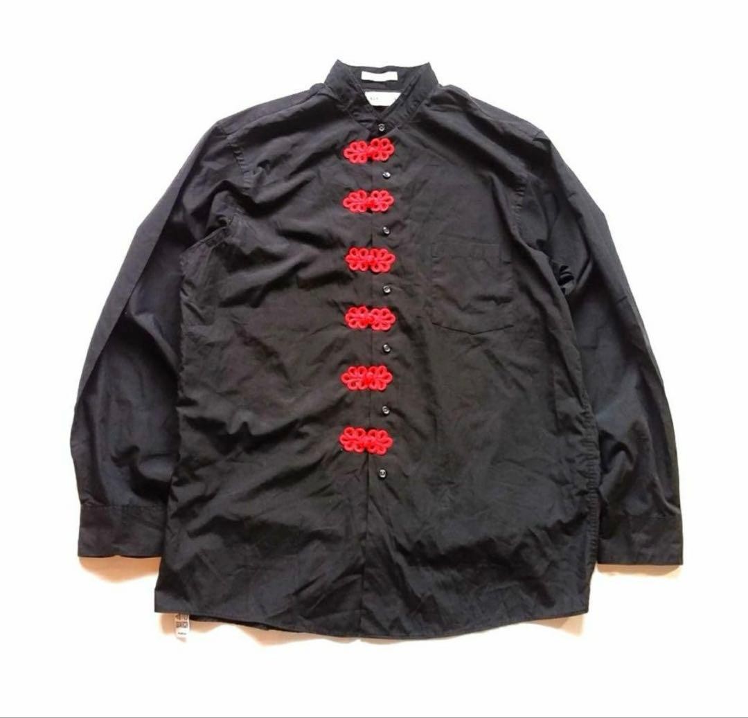 Vintage 90s Mexico Made China Remake Band Collar Shirt Black Red Frog L