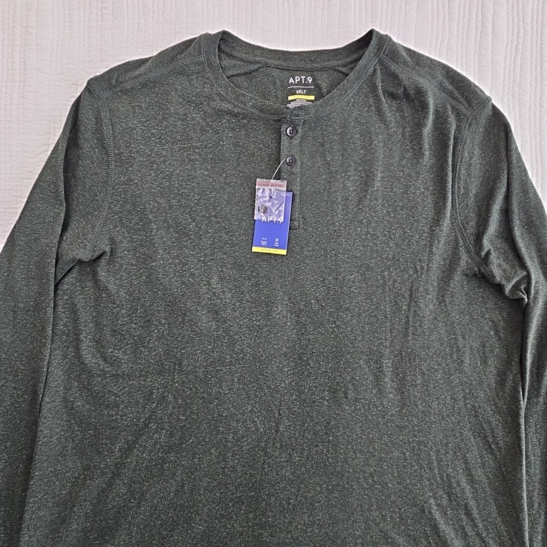 APT 9 Premier Flex Henley Men’s 2XLT Hunter Green Long Sleeve NEW Stretch NWT