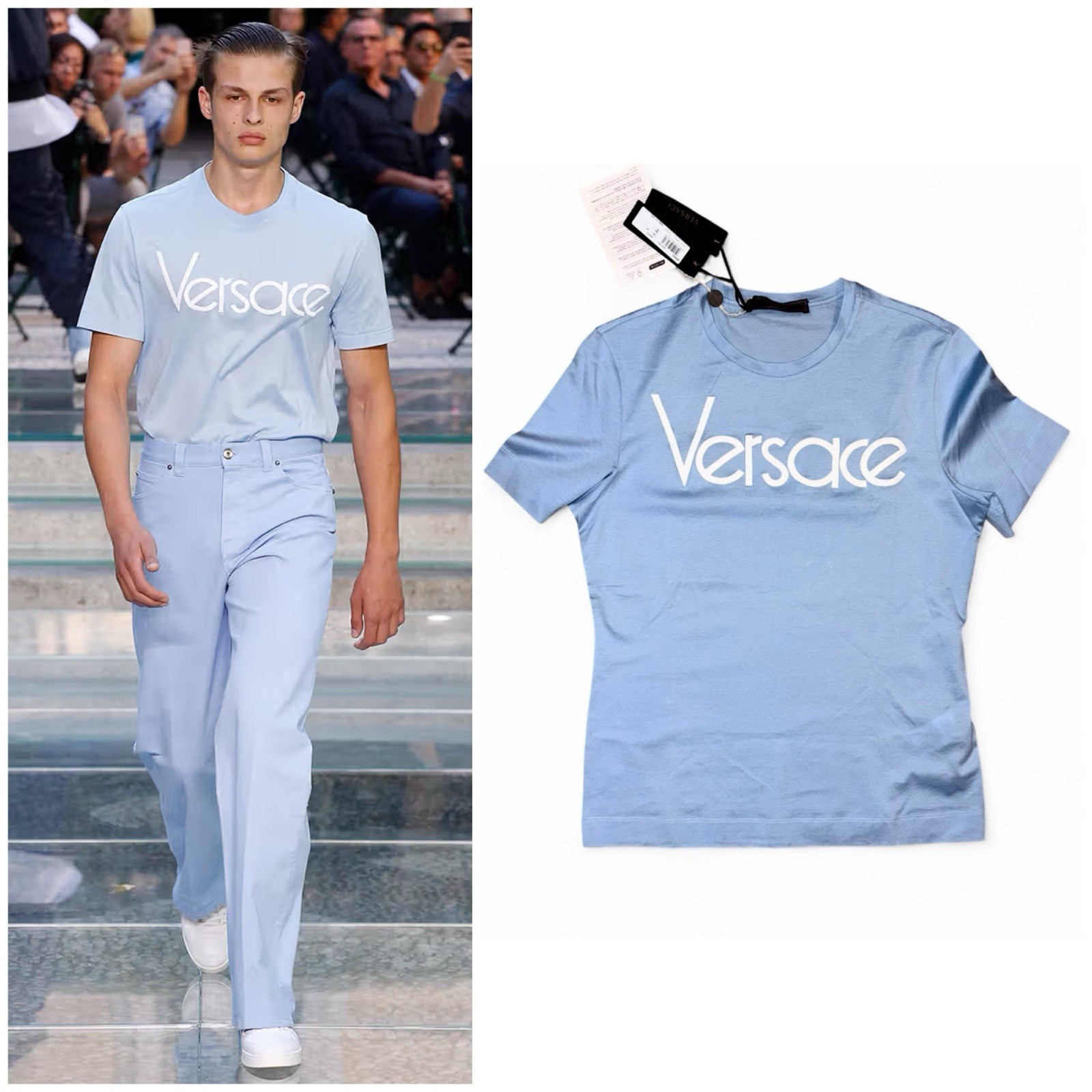 VERSACE NWT 90’s Tribute Runway Blue Logo Tee Shirt Small Collectible Designer
