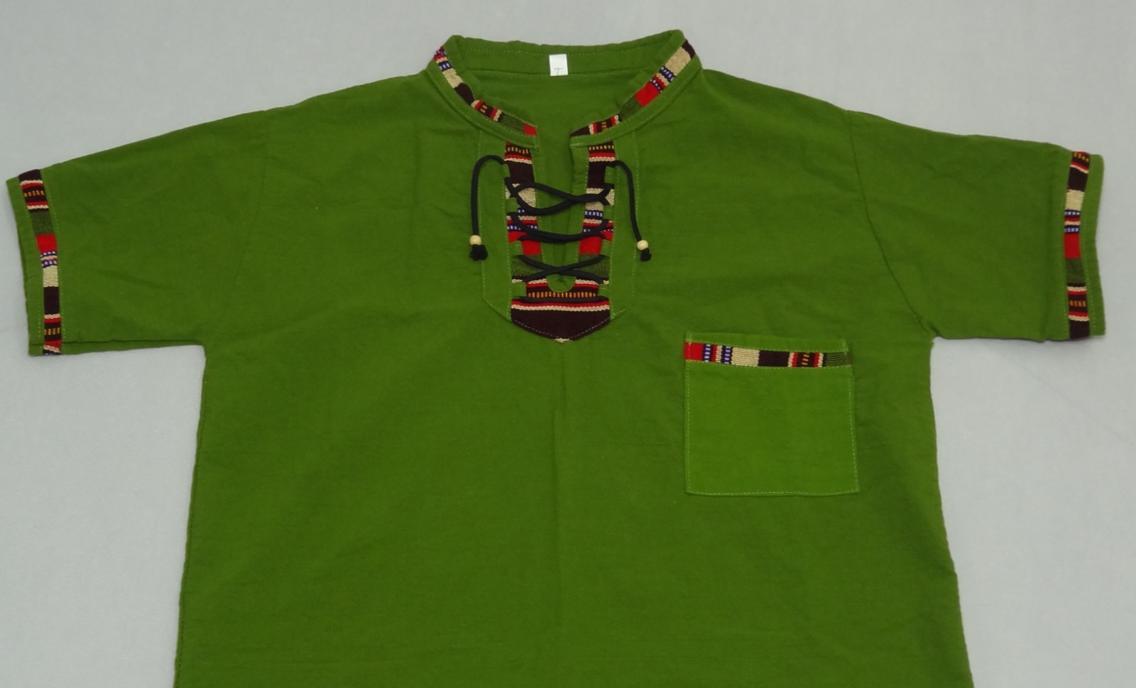 Artisanal Guatemalan Colorful Trim Shirt Green Cotton Mayan Men’s M / Women’s L