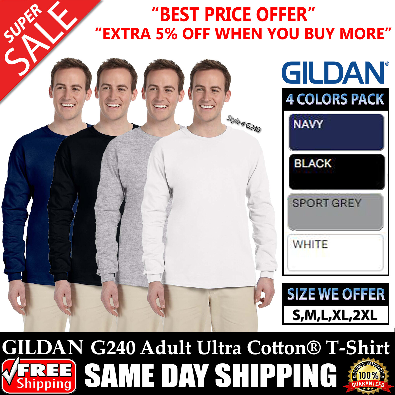 PACK OF 4 Gildan Mens T-Shirt Long Sleeves Ultra Cotton Blank T Shirt – G240