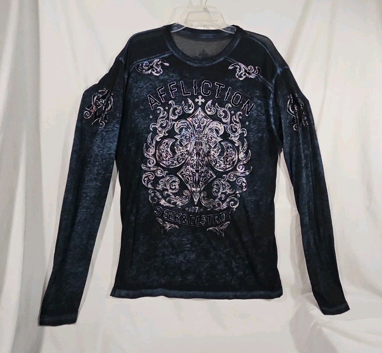 Affliction LS Top Large L Blue Sheer Shirt Silver Foil Black Velvet Graphics Y2K