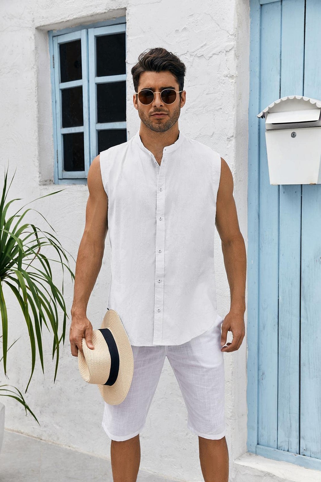 Mens Linen Cotton Sleeveless Button Down Shirts Summer Beach Casual Tank Tops
