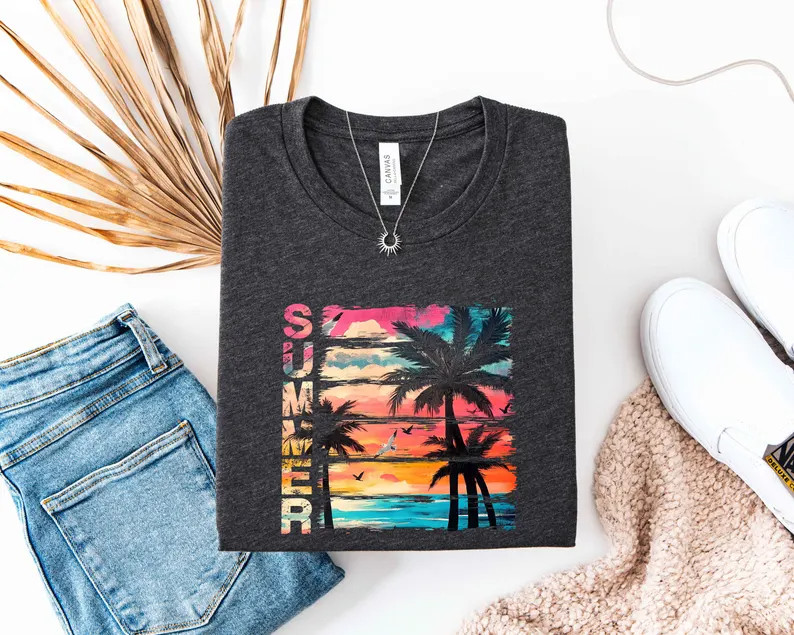 Coastal Summer Sunset Shirt Palm Tree Graphic Tee Seaside Vacation Top