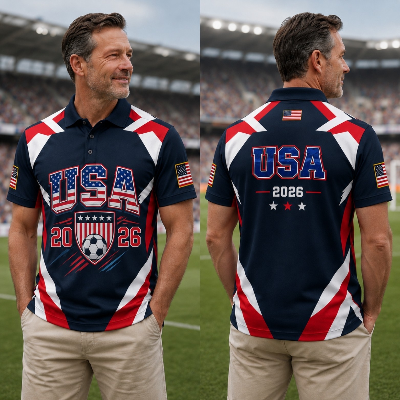 USA Soccer 2026 Golf Shirt Men Patriotic American Flag Soccer Fan Polo (S-5XL)