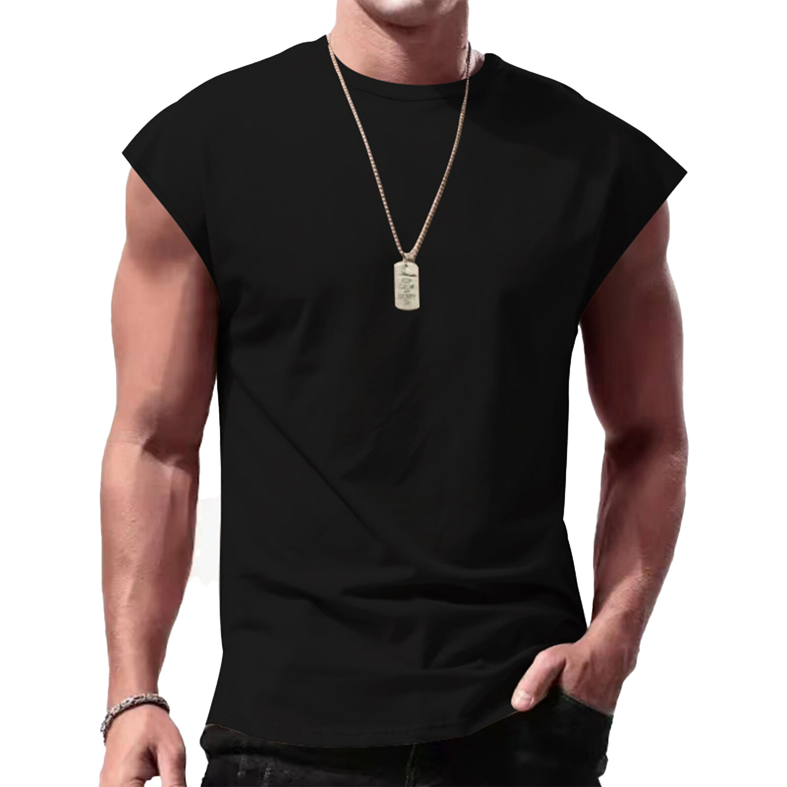 Mens Workout Tank Top Sleeveless Round Neck Gym Bodybuilding Cut Off T Shirts