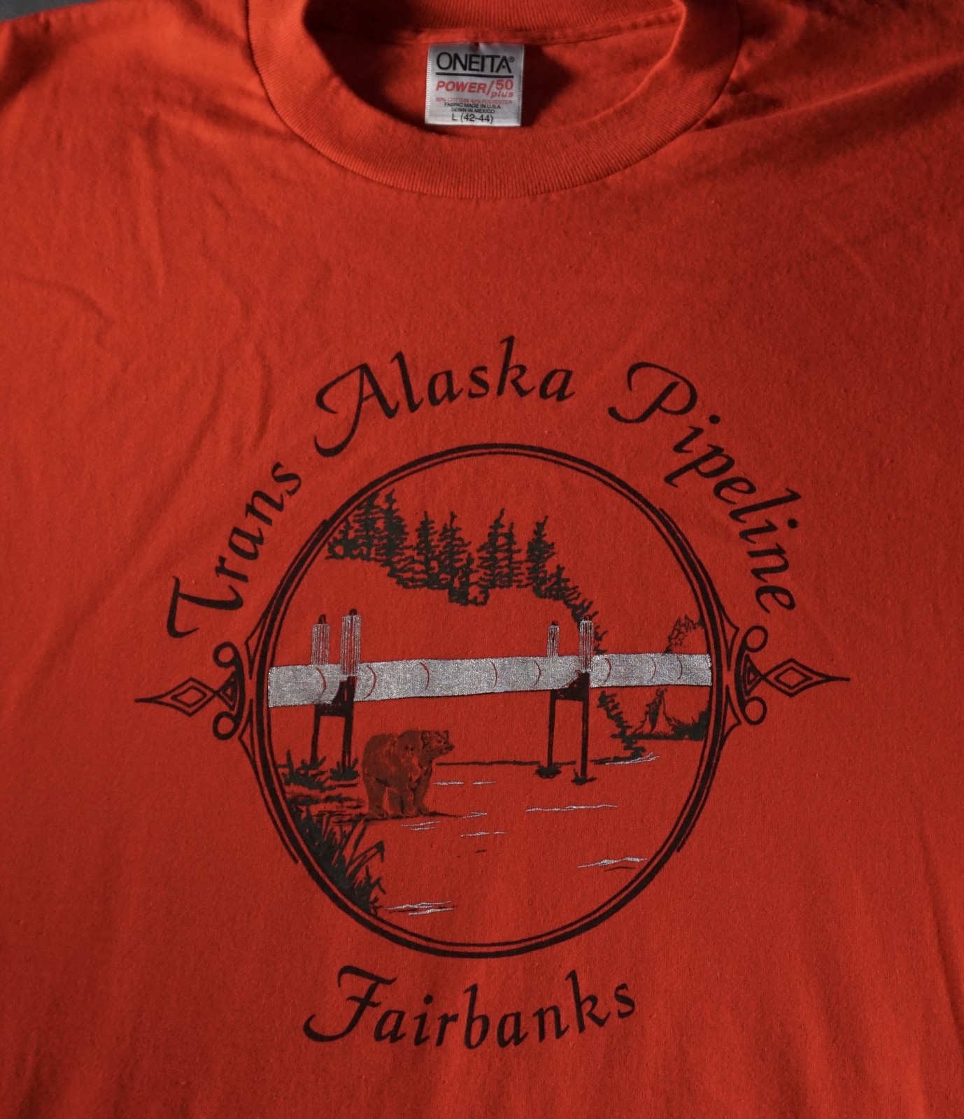 Vintage Trans Alaska Pipeline Shirt Mens Large Red Fairbanks Alaska Souvenir 90s