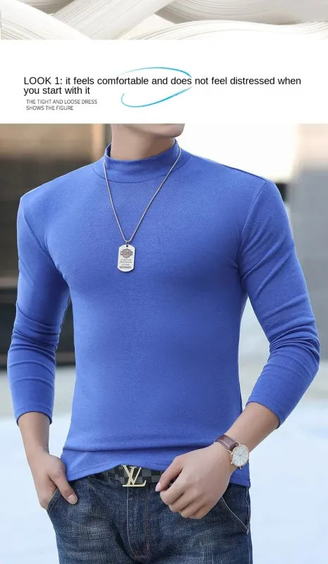 Fashion Men’s Oversize High Collar Long Sleeves Autumn Winter Pure Thermal Shirt