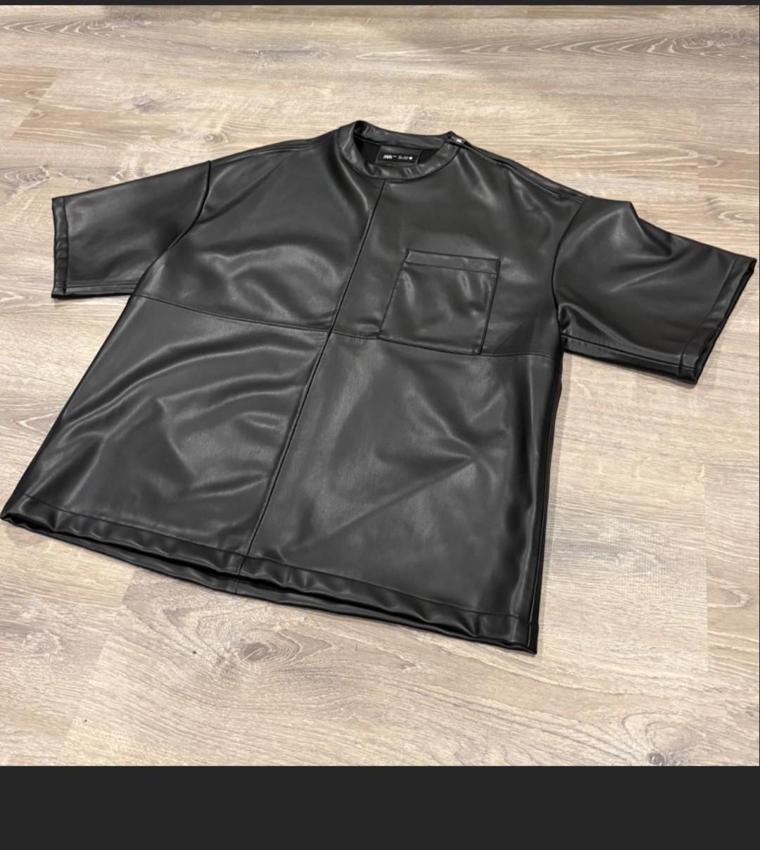 Men’s Black Zara Leather T-Shirt L Short Sleeve Crew Neck Chest Pocket