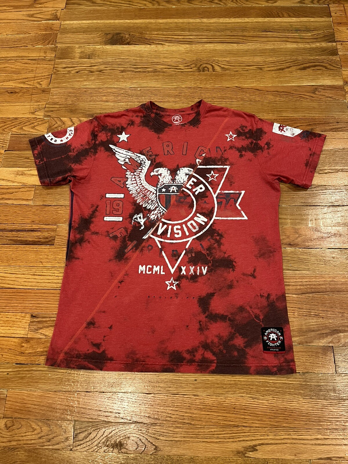 American Fighter UFC MMA Graphic Logo Double Sided T Shirt ~ Men XL~ Tie Dye Red
