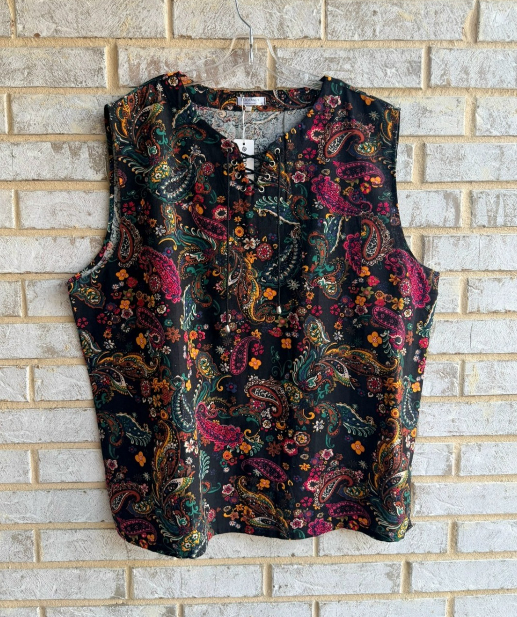 COOFANDY Sleeveless Lacing V-Neck Multicolor Paisley Tunic Tank Top Size XXXL