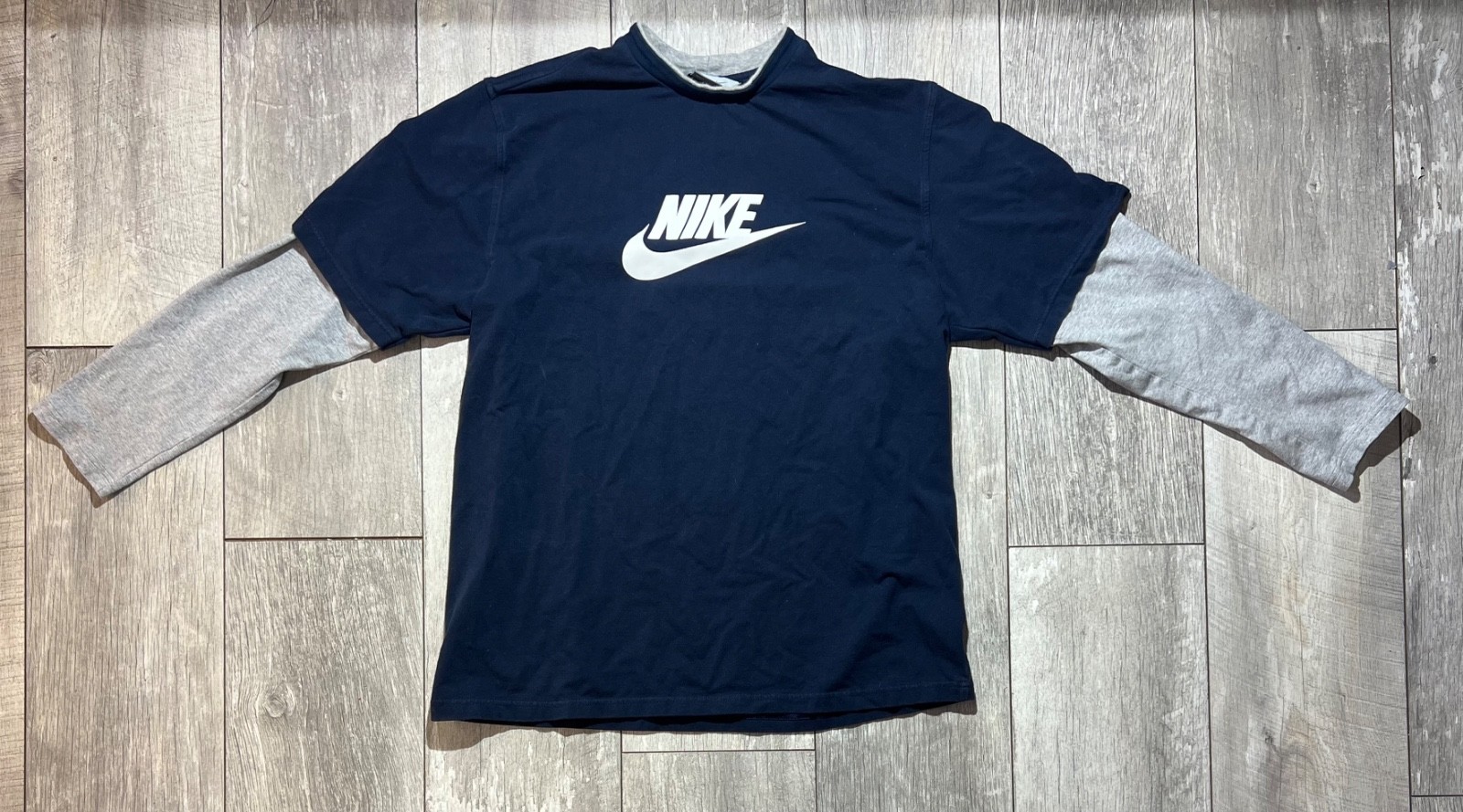 Vintage Y2K Nike Swoosh Logo Layered Long Sleeve Blue And Grey Size L