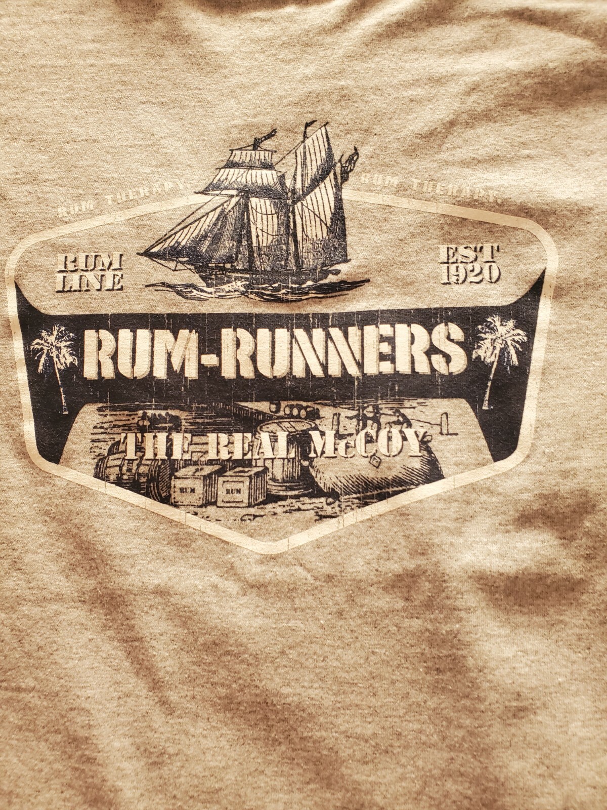 Rum Runners T Shirt Rum Therapy Real McCoy Tiki Aloha Day Drinking Gray Tee M