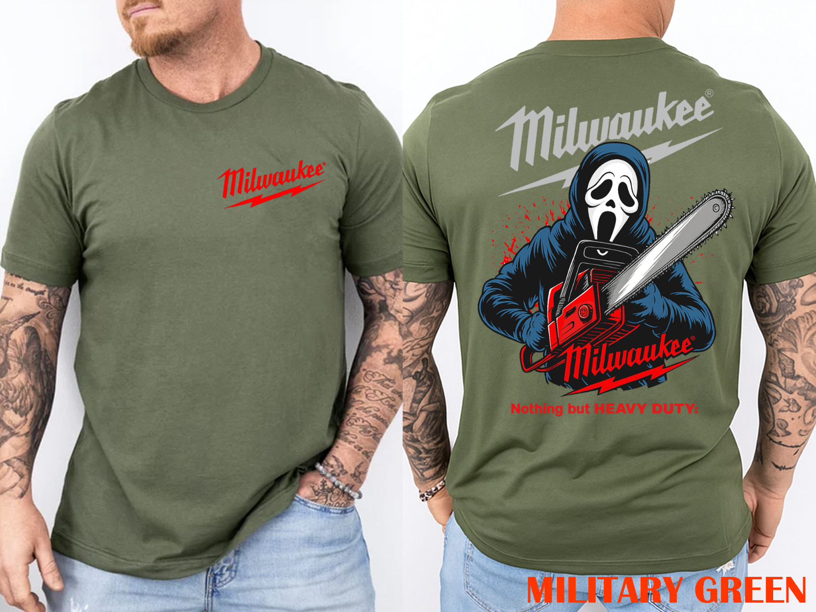 Milwaukee Tools Ghost Face With Chainsaw 2 Sided Unisex Tee–Halloween Character