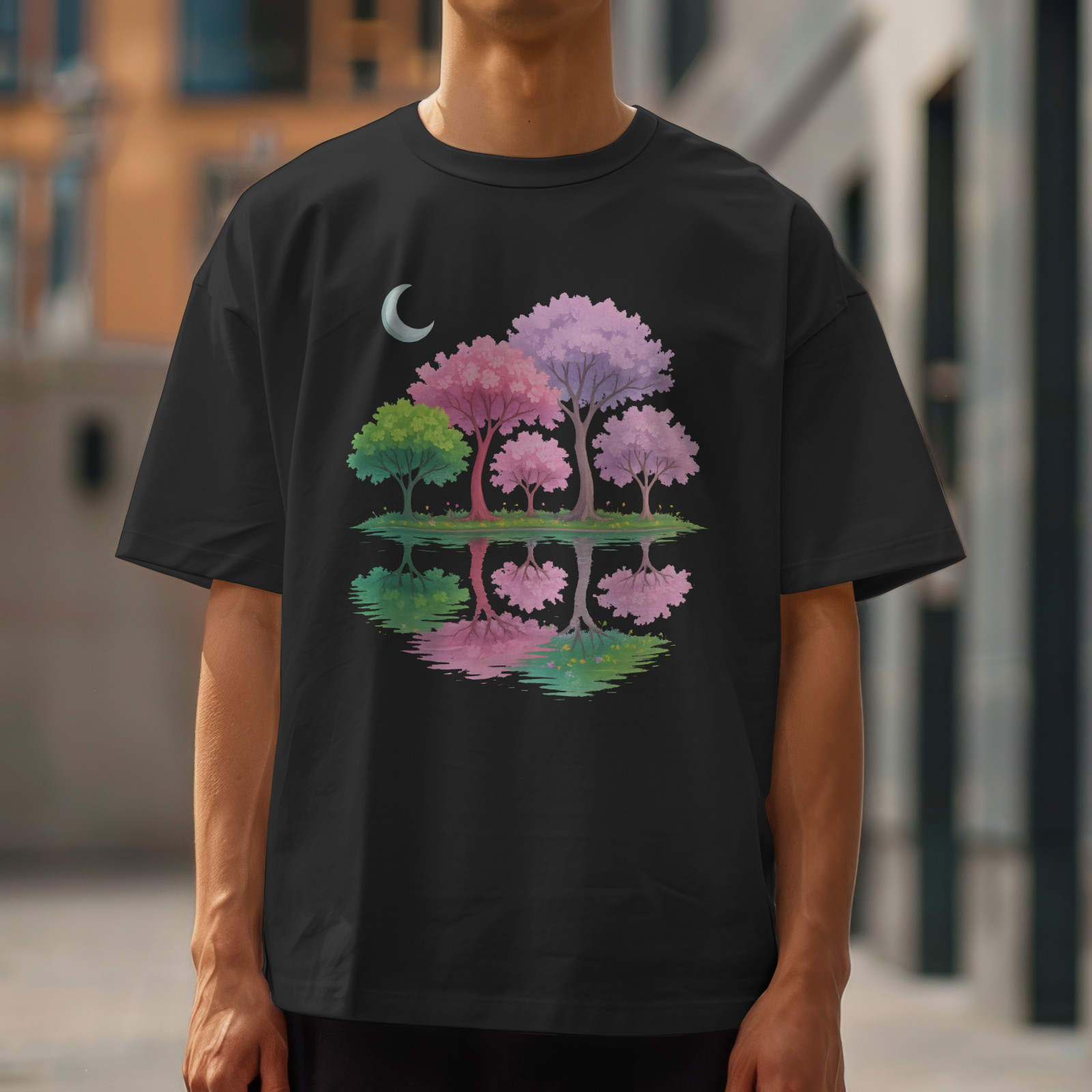 Pastel Tree Reflection Shirt Moon Nature Landscape Graphic Tee Colorful Art