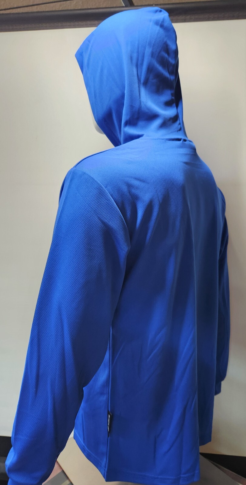 BLUE Long Sleeve Shirt With Hoodie, Polyester birdeye mesh fabric