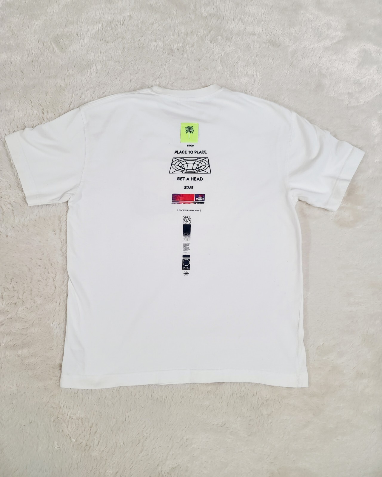 Zara Man Men’s L White Thick Cotton T-Shirt Palm Tree Print & Multiple Logos