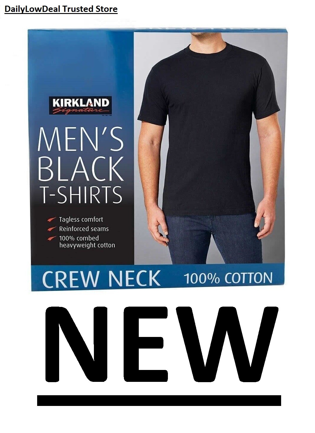 Kirkland Men’s Black 100% Cotton Crew Neck T-shirt FREE SHIPPING! 2 OR 6 PACK