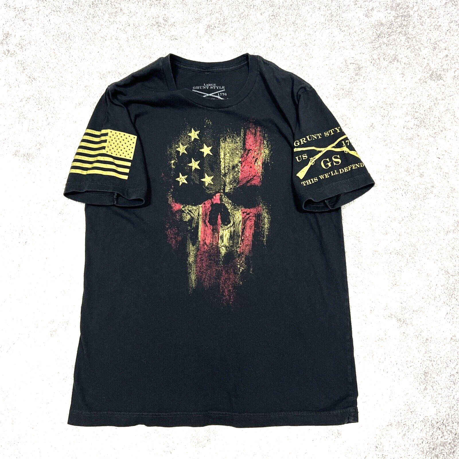 This We’ll Defend USA Flag Men’s Size Large Pullover T-Shirt Short Sleeve Black