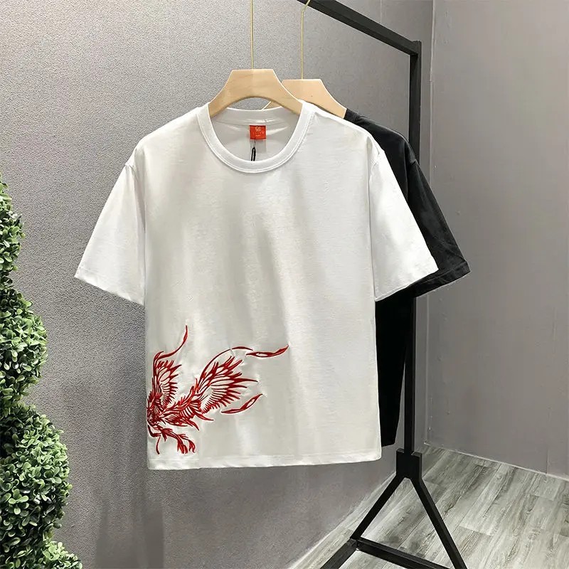 Men’s Premium Phoenix Embroidery Cotton T-Shirt Slim Fit Short Sleeve Tee